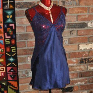 Navy Blue Satin Slip dress Lingerie Lace Sheer Side Panel & Bust S